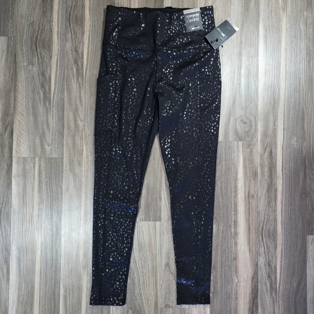 Shoactive Women Black Metallic Foil Animal Print Tummy Control Leggings Size M